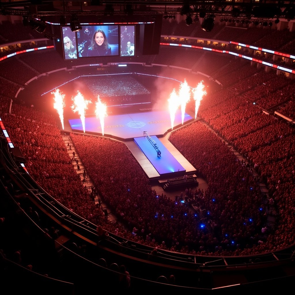 Aerial view of concert stage at Madison Square Garden. T stage runway prominently displayed. Audience in red attire. Bright pyrotechnics enhancing the atmosphere. Large screens show performances. Energetic vibe fills the venue.