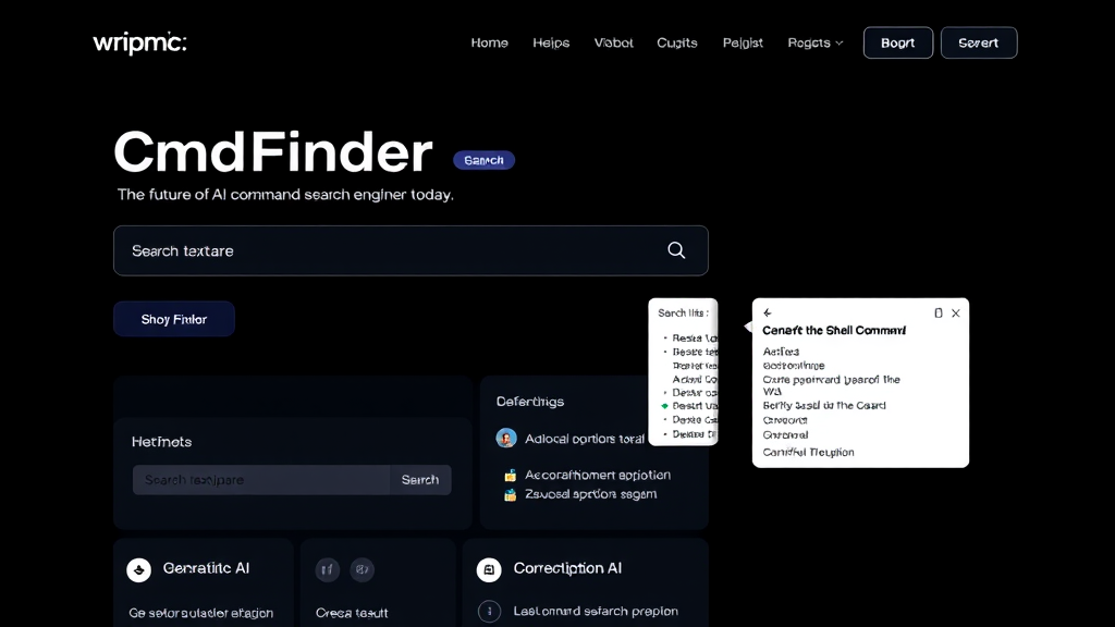 A dark-themed interface for CmdFinder, an AI command search engine, featuring a search bar, text prompts, and various menu options.