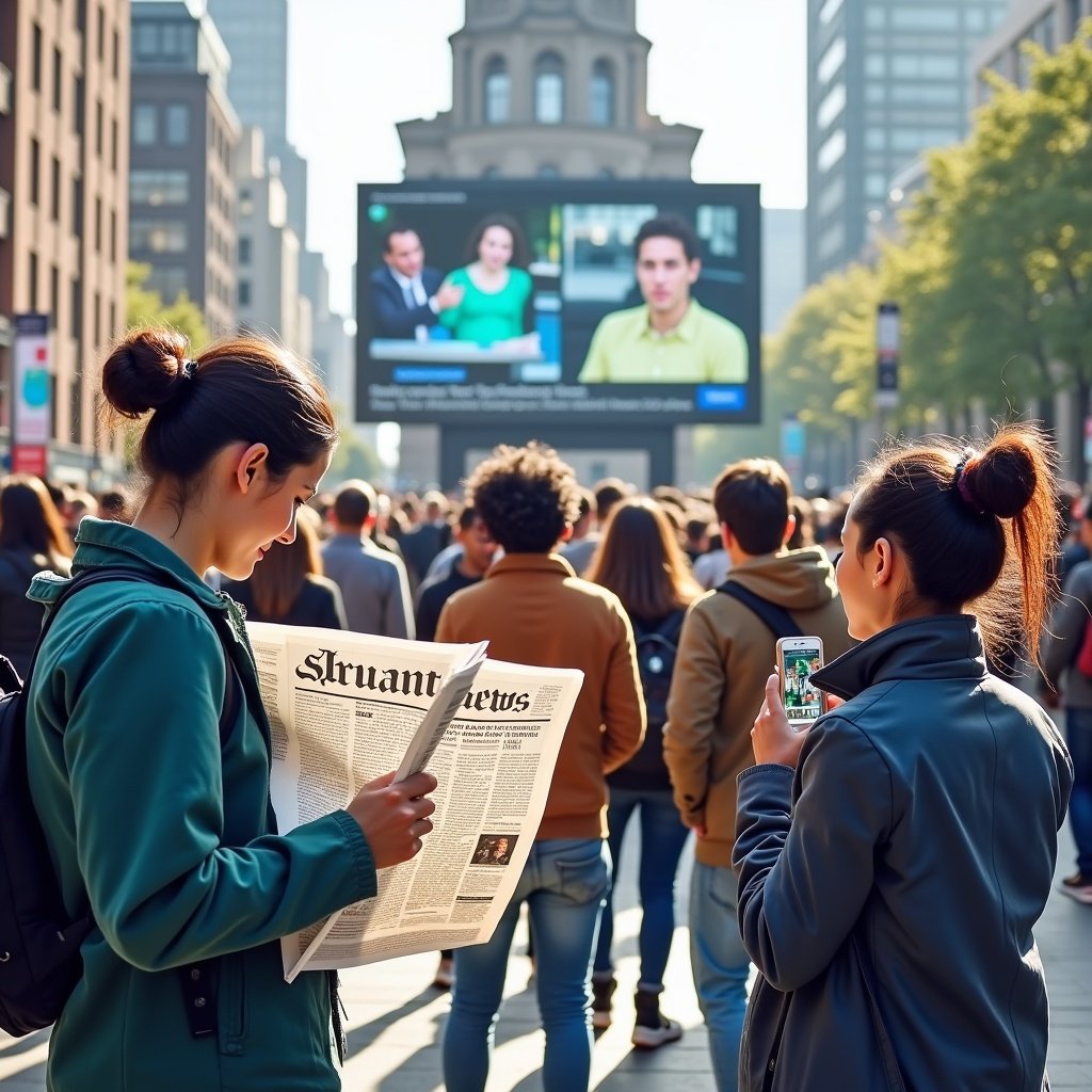 Group of people in a city engaging with public media displays. Some people look at a newspaper while others use smartphones. Large digital screens feature news broadcasts. Street setting with modern buildings.