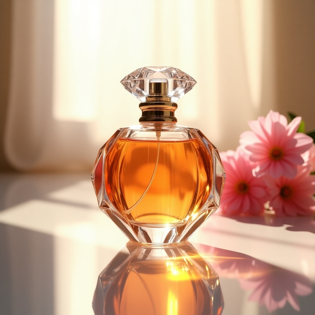 This image showcases an elegantly designed perfume bottle made of glass with a diamond-shaped cap. It rests on a reflective surface, capturing the beauty of the amber liquid inside. Soft sunlight falls on the bottle, creating warm reflections that enhance its intricate patterns. In the soft background, there's a hint of pink flowers which adds a delicate touch. The overall composition emphasizes the elegance and allure of the perfume. This image would be perfect for representation in beauty and fragrance marketing.