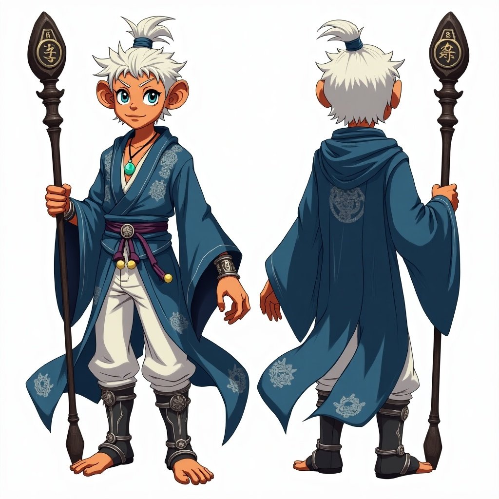 Humanoid monkey boy character in anime style with agile build. Has golden-brown skin and wild white hair tied in topknot. Icy blue eyes, wearing a blue silk robe with silver patterns. Dark blue sash with jade charms. White pants and tall leather boots. Jade pendant necklace and silver cuffs. Carries wooden staff with glowing runes. Views include front, side, back.