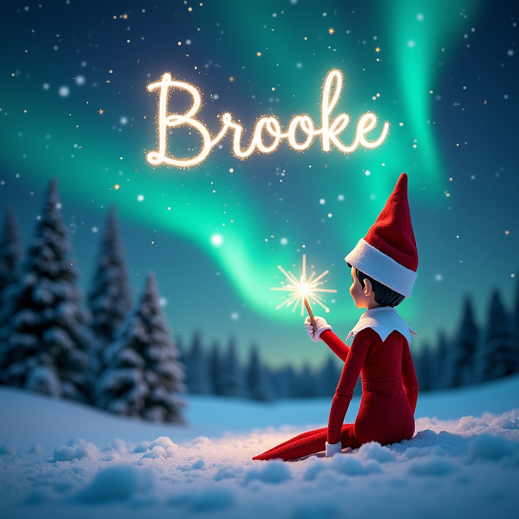 The image features an elf on the shelf sitting in a winter wonderland. The elf is turned away from the viewer, gazing at a sky illuminated by northern lights. Using a magical wand, the elf writes names in sparkling light above. The ground is covered in soft snow, and evergreen trees add to the festive backdrop. This whimsical scene embodies the magic of Christmas, creating a joyful atmosphere.