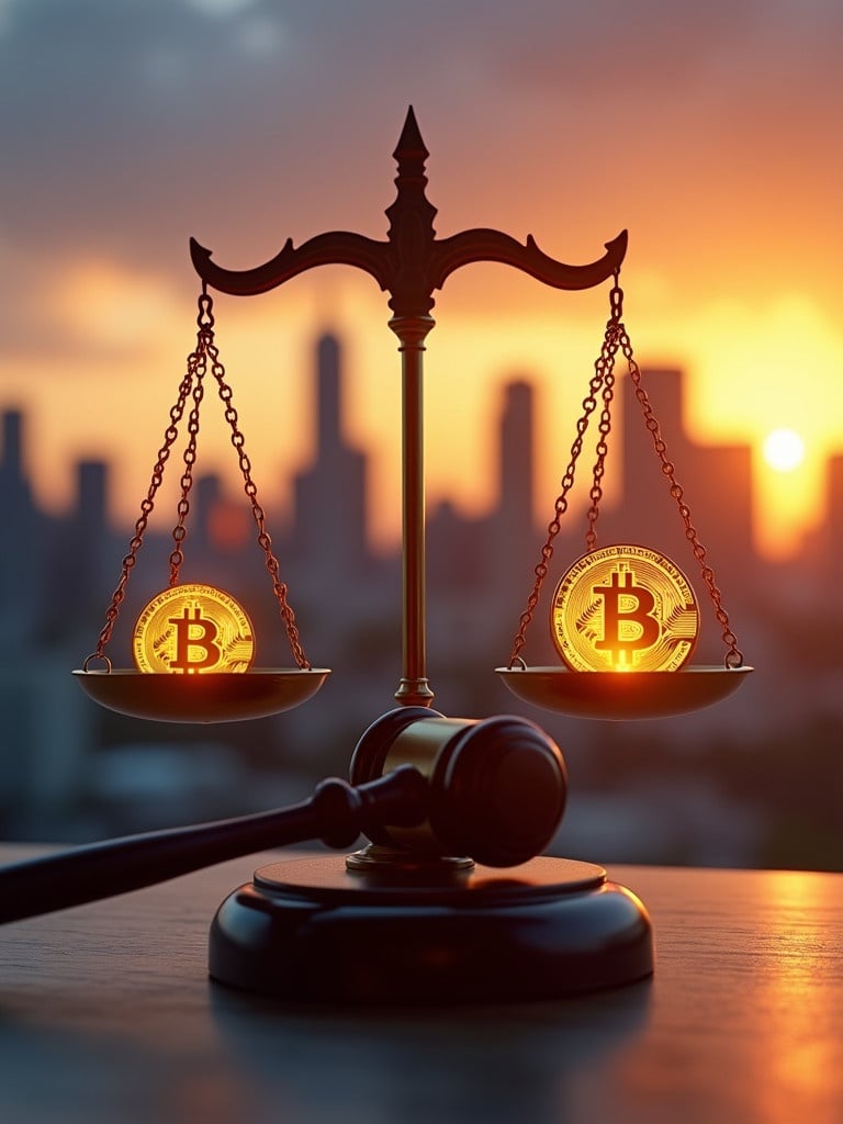 Symbolic depiction of justice with scales holding luminous digital coins representing Bitcoin. Background showcases a sunset city skyline. Foreground features a gavel suggesting legal context. Warm sunset light emphasizes legal systems and cryptocurrency technologies. Evokes thoughts on regulation and innovation.