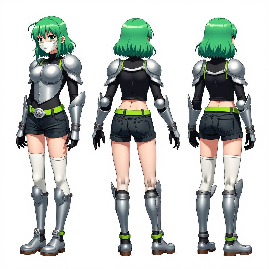 Anime mercenary tomboy with green hair. Bangs are curtain style. Wearing silver metal armor including shoulder pads and chest plate. Black shirt under metal armor. Black short jeans with green belt and large silver buckle. Robotic-like appearance with metal gauntlets and shin pads. Complete with white tights covering legs. Presented from front side and back views.