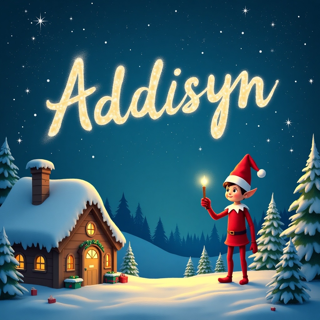 The image depicts a magical Christmas scene featuring an elf on the shelf writing 'Addisyn' in sparkling light in the night sky. The setting includes a cozy cottage adorned with snowy rooftops and gifts at its door. Surrounding the cottage are snow-draped evergreen trees, creating a winter wonderland atmosphere. The elf, dressed in a bright red outfit and a matching hat, stands proudly holding a glowing candle, adding warmth to the scene. Stars twinkle brightly against the dark blue sky, enhancing the enchanting feel of this holiday moment.