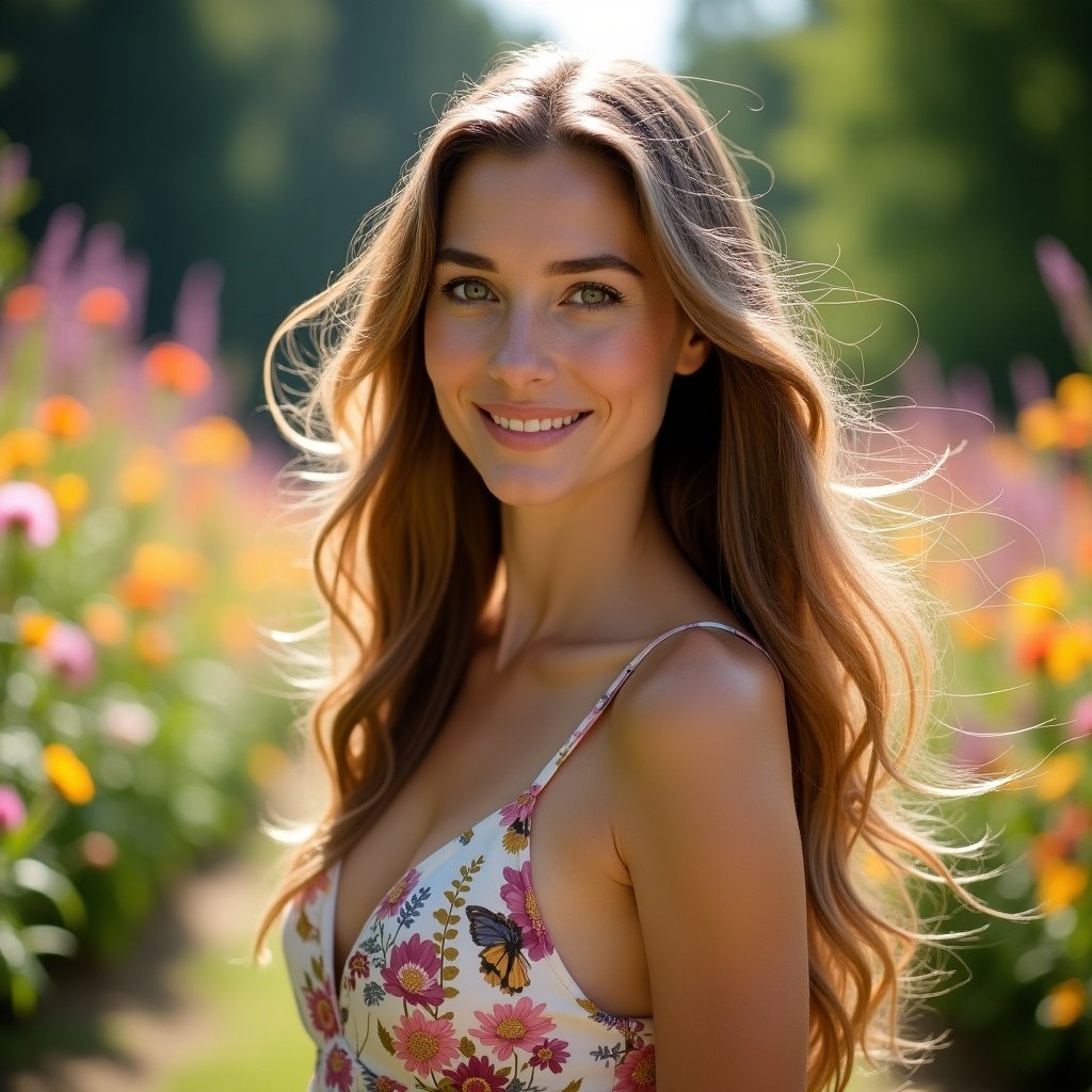 Photo of a girl wearing a floral dress in a field with colorful flowers and lush greenery. Natural sunlight enhances the scene.