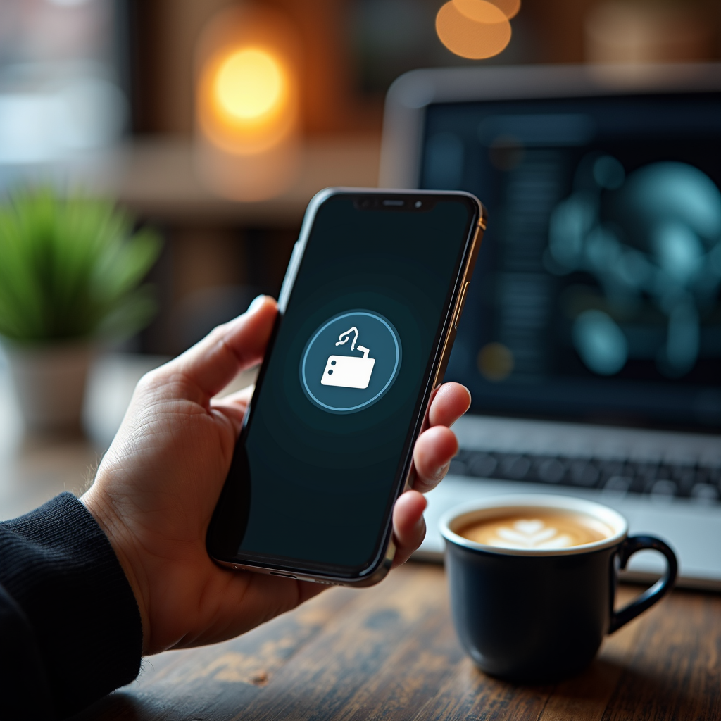 A person checking a smartphone with a digital wallet icon, set against a cozy coffee shop ambiance.