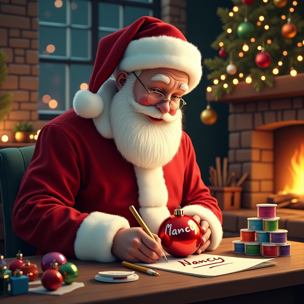 Santa is personalizing Christmas baubles by writing the name 'Nancy'. The scene features a festive and cozy setting with a decorated Christmas tree and art supplies nearby.