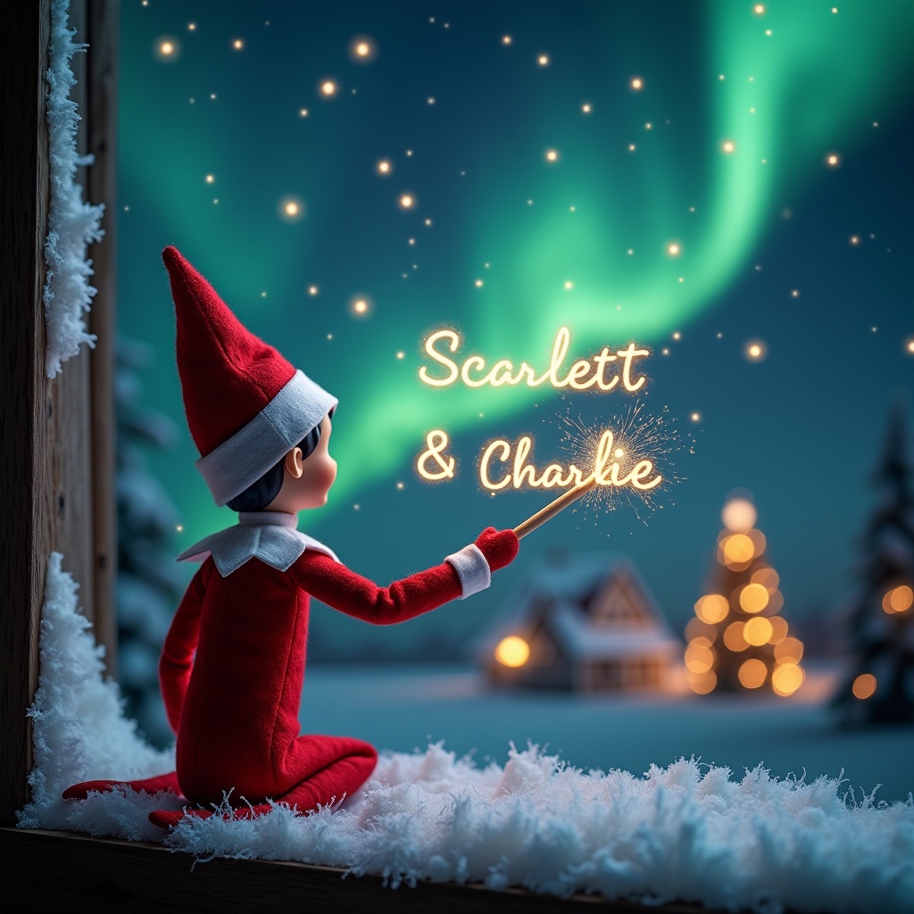 This enchanting Christmas scene features an elf on the shelf, with its back to the viewer, dressed in a traditional red outfit. The elf is holding a magic wand, elegantly writing 'Scarlett and Charlie' in sparkling letters against the night sky. A beautiful array of vibrant northern lights adds a magical ambiance to the scene. The snowy ground and houses in the background enhance the festive atmosphere. The overall image evokes feelings of wonder, excitement, and the joy of the holiday season, perfectly capturing the spirit of Christmas.