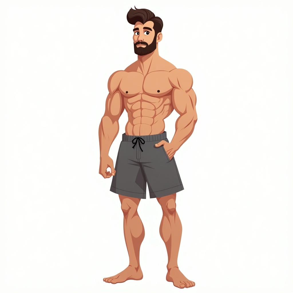 Image features a muscular male figure in 2D illustration. Character stands relaxed with a well-defined physique. Strong jawline and styled hair give a modern look. He wears casual shorts, showing toned abs and arms. Background is clean and minimalist, emphasizing muscles.