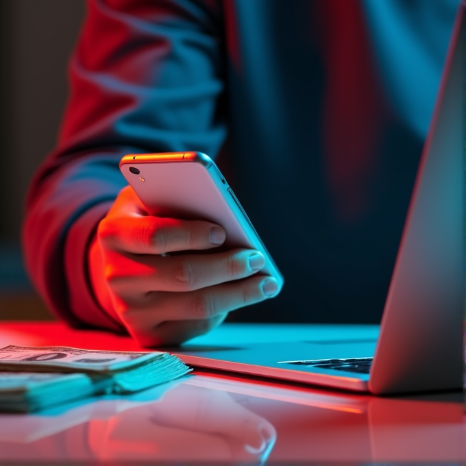 A hand holding a phone near a laptop with a stack of money in view, illuminated by red and blue lights.