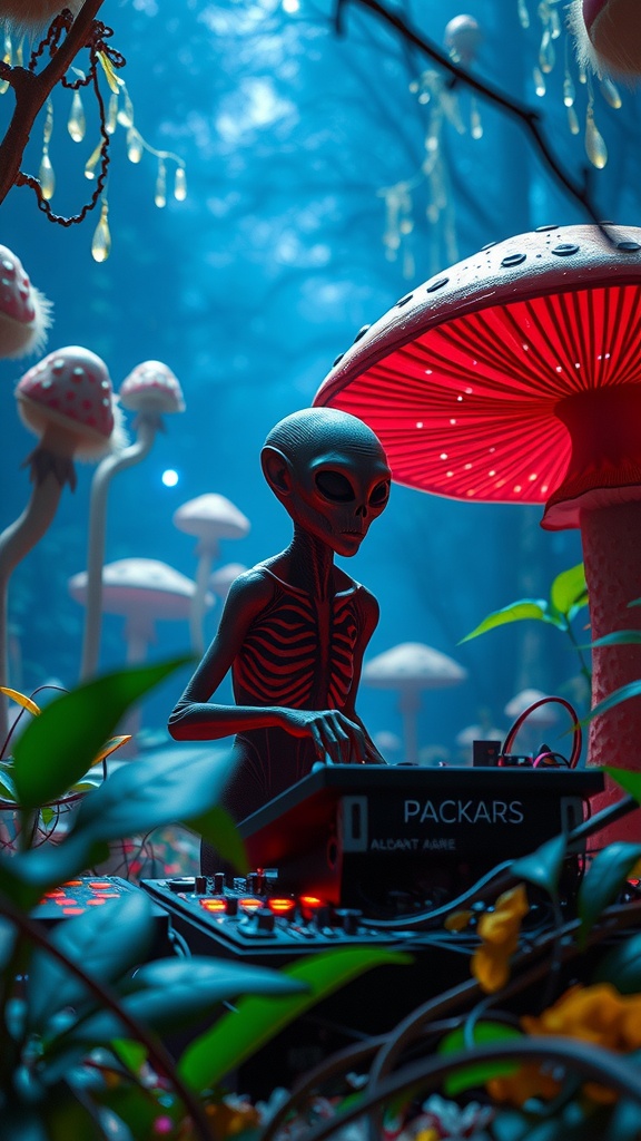 A futuristic alien DJ is mixing music in a whimsical forest filled with glowing mushrooms and ethereal lighting.