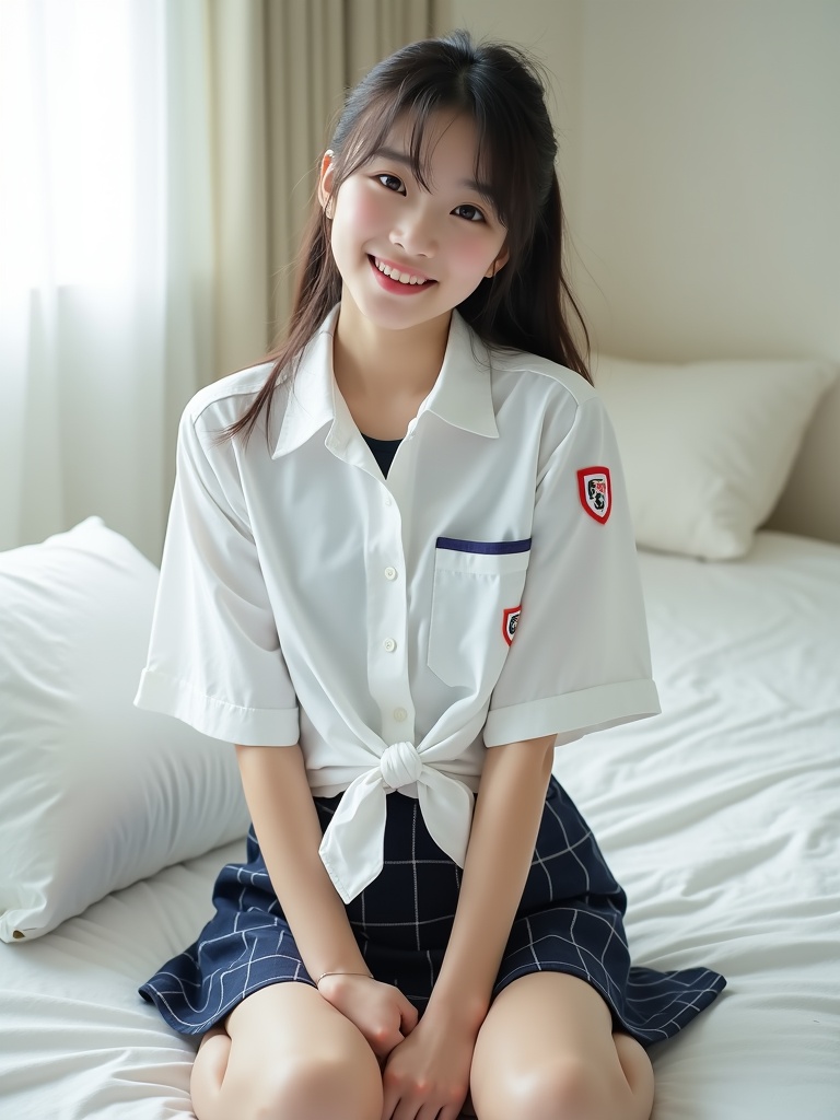 This image features a young woman sitting on a bed, smiling warmly at the camera. She is dressed in a crisp, white blouse tied at the waist and a dark plaid skirt. The setting is soft and bright, with natural light streaming through a window, highlighting her features and creating a calming atmosphere.