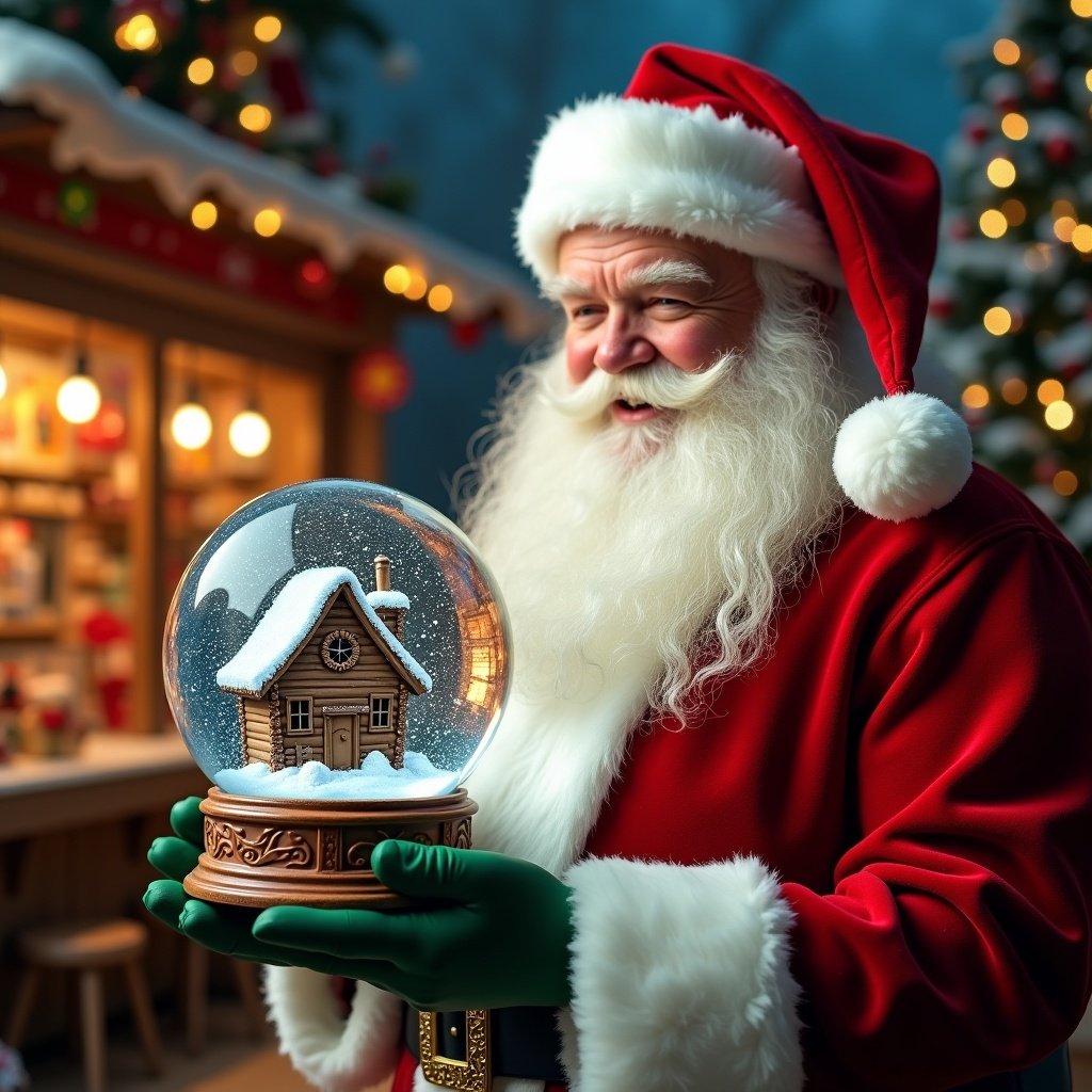 A Christmas scene shows Santa Claus dressed in red and white holding a snow globe. The snow globe features a cabin with falling snow. In the background, there is a toy shop decorated with festive lights and ornaments.