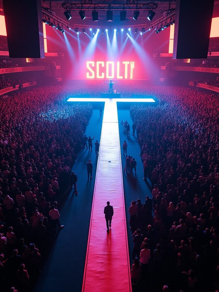 Drone view of Travis Scott performing at Madison Square Garden. Stage features T-shaped runway. Large audience filling the venue. Dramatic lighting effects.