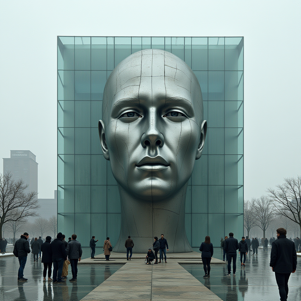 A huge metallic face sculpture stands encased in a glass building, surrounded by people and trees on a misty day.