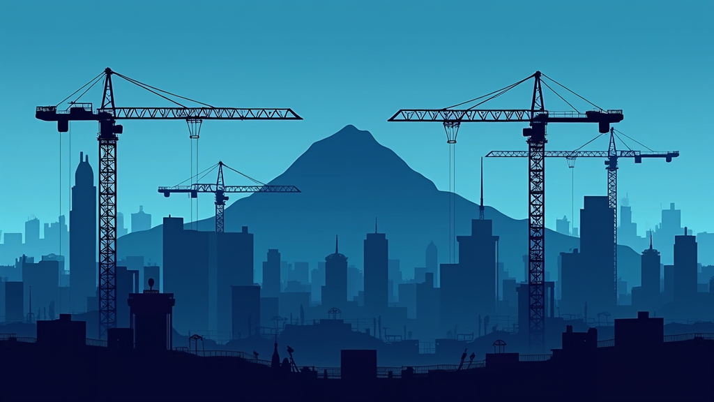 Silhouettes of towering cranes against a city skyline, with a mountain backdrop under a gradient blue sky.