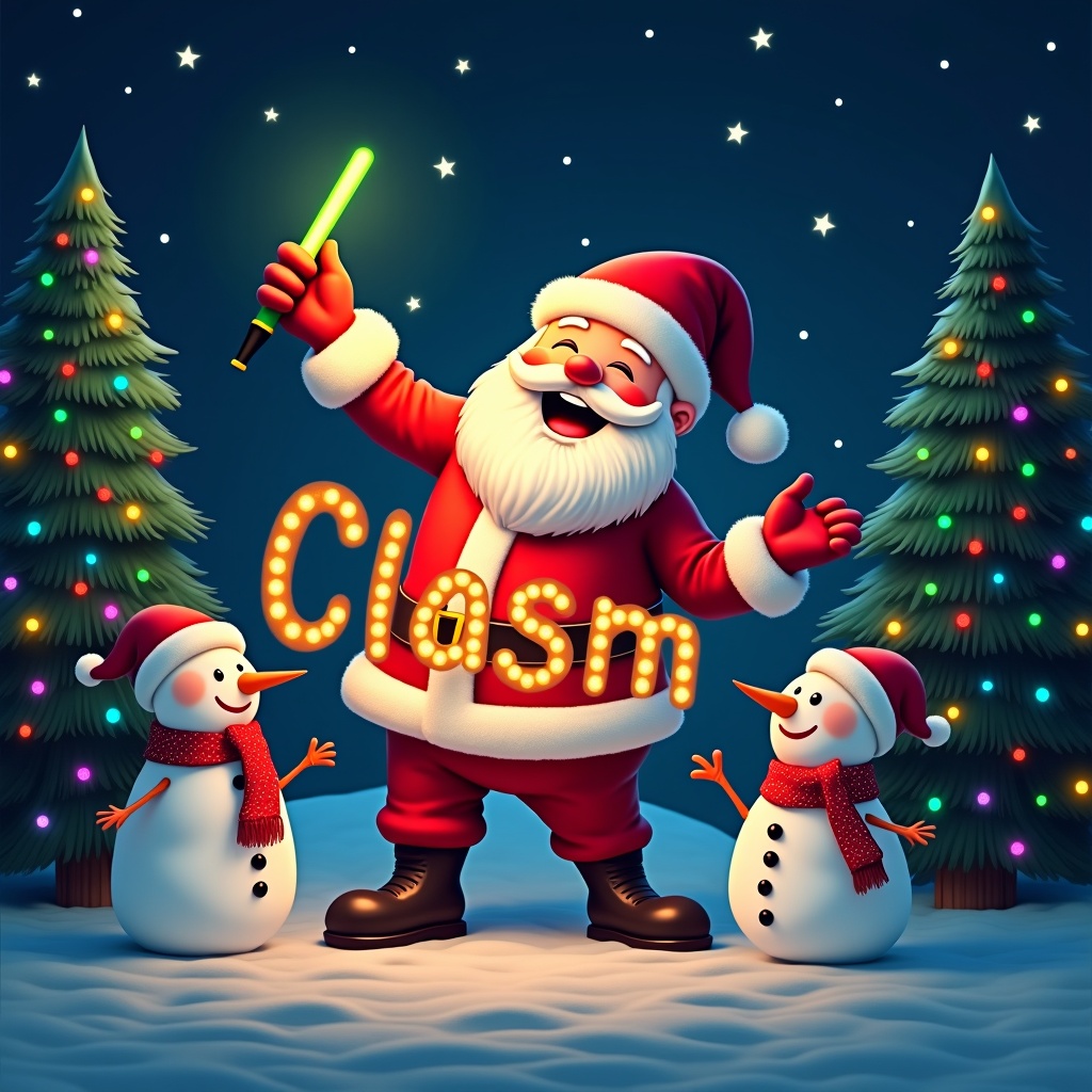 Cheerful Santa Claus in red and white suit holds a glow stick that lights up the name Clasm. Two snowmen stand beside him. The background is a dark night with stars and colorful Christmas lights on evergreen trees.