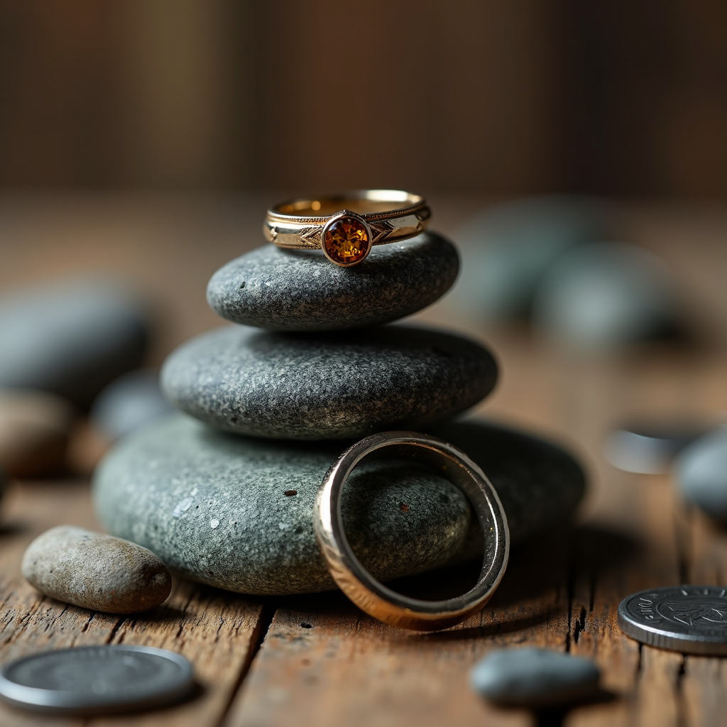 A golden ring with a gemstone sits on stacked stones, surrounded by coins on a wooden surface.