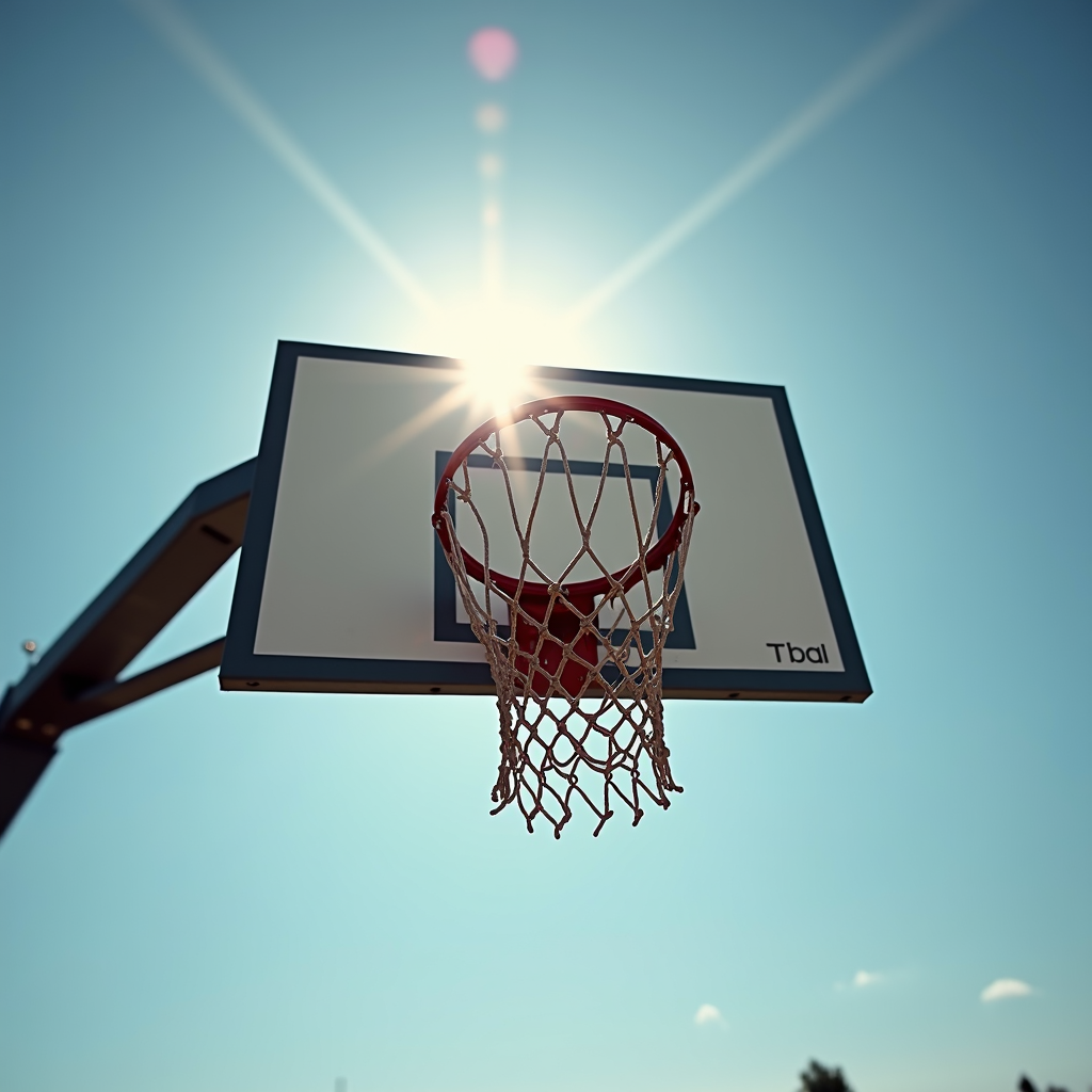 A basketball hoop is silhouetted against a clear blue sky with the sunburst creating dramatic light flares.