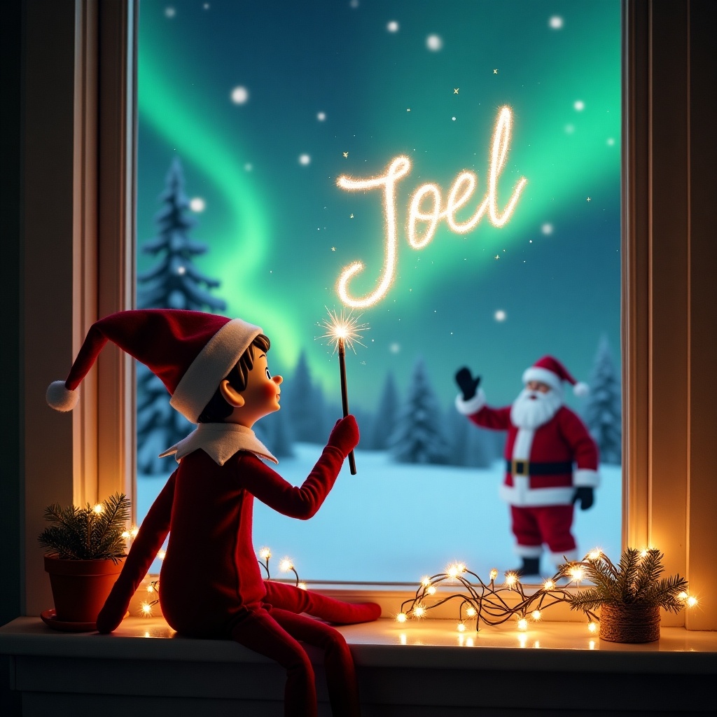 An elf on the shelf sits facing the window, enchantment in the air. He holds a wand, its tip glowing as he writes 'Joel' in sparkling letters against the night sky. Outside, Santa Claus stands amidst a snowy wonderland, illuminated by the mesmerizing northern lights. The scene captures the magic of Christmas, inviting warmth and joy. Decorations and lights adorn the window sill, heightening the festive atmosphere.