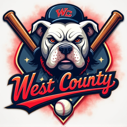 Airbrushed logo design featuring a bulldog as the central figure. Background has crossed baseball bats. Text 'West County' incorporated in stylish font.