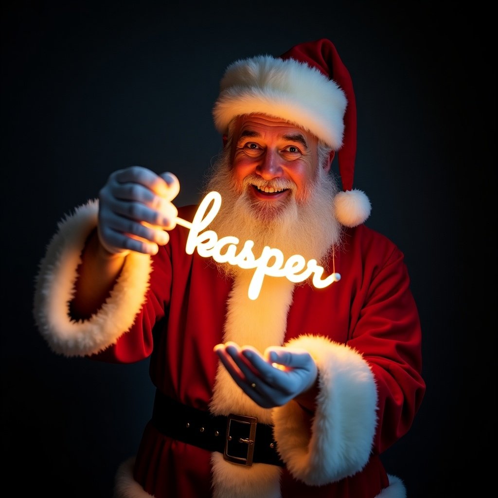 Santa Claus wearing red suit holds glowing name kasper. He looks jolly and warm. Dark background enhances the glow. A scene capturing Christmas magic.