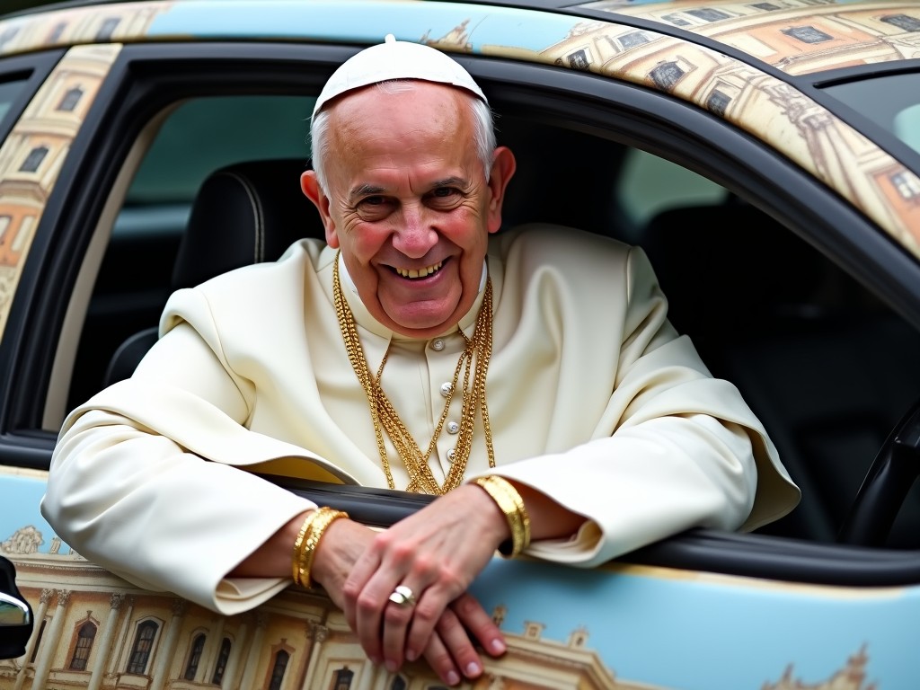 The image features a person in religious attire leaning out of a car window with a broad smile. The individual is adorned with multiple gold necklaces and bracelets, creating a humorous juxtaposition with the formal religious garments. The car is decorated with architectural images, adding an artistic touch to the scene.