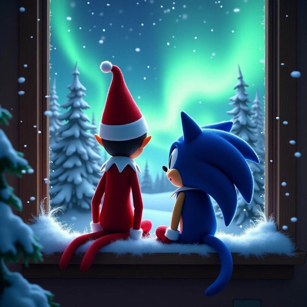 The image features a whimsical scene with an elf on the shelf and Sonic sitting on a windowsill. The elf, dressed in a bright red outfit with fluffy white trim, sits quietly expressing the holiday spirit. Next to him is Sonic, recognizable with his blue color and short tail, both characters gaze out at a beautiful landscape. Outside the window, vibrant northern lights illuminate the night sky, creating a magical atmosphere. The surrounding pine trees are adorned with a soft layer of snow, completing the festive mood of the scene.