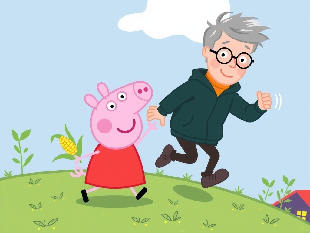 A vibrant illustration depicting a young girl and an older man joyfully walking hand in hand across a grassy hill. The girl, dressed in a red outfit, carries a corn cob, and appears to be a cartoon character. The older man, with gray hair and glasses, wears a green jacket and smiles warmly. The background features a clear blue sky with a fluffy white cloud.