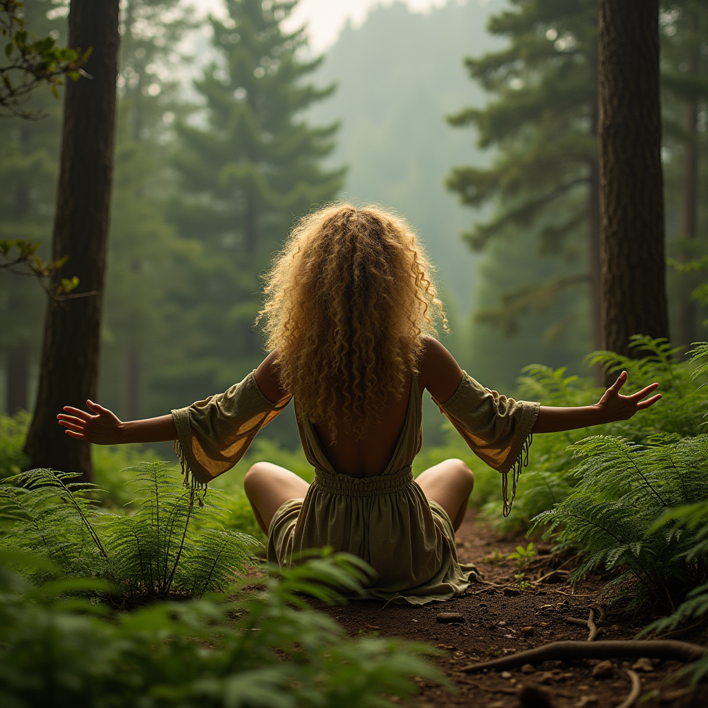 A person with curly hair meditates in a peaceful forest setting, surrounded by lush greenery.