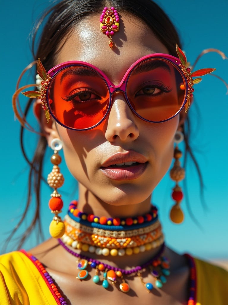 Futuristic Bindi showcased with colorful accessories. Vibrant design elements create a blend of modern fashion and traditional styles. Close-up view of jewelry highlights intricate details.