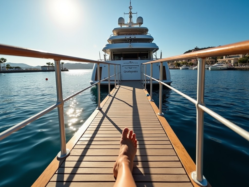 A sunny day at a marina with a luxurious yacht in the distance. The image showcases a wooden dock leading towards the yacht, reflecting the calm water. A person's foot is positioned in the foreground, suggesting relaxation and enjoyment. The bright sunlight creates a warm ambiance, enhancing the serene atmosphere. This scene captures the essence of a perfect summer getaway on the water.