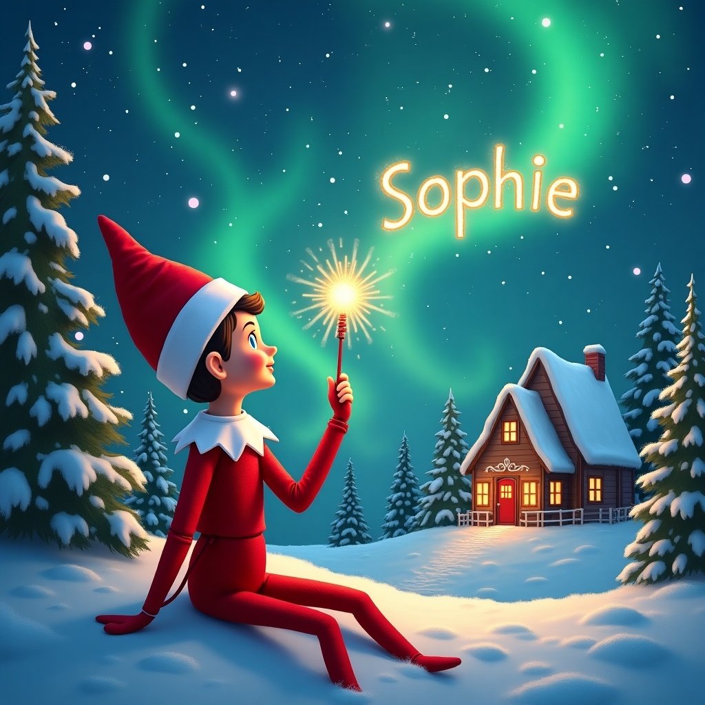 Elf on the Shelf sits back to viewer. It gazes skyward holding glowing wand. Colorful northern lights swirl above. Cozy house is decorated for the holidays. Snow covers ground. Write Sophie in the sky.