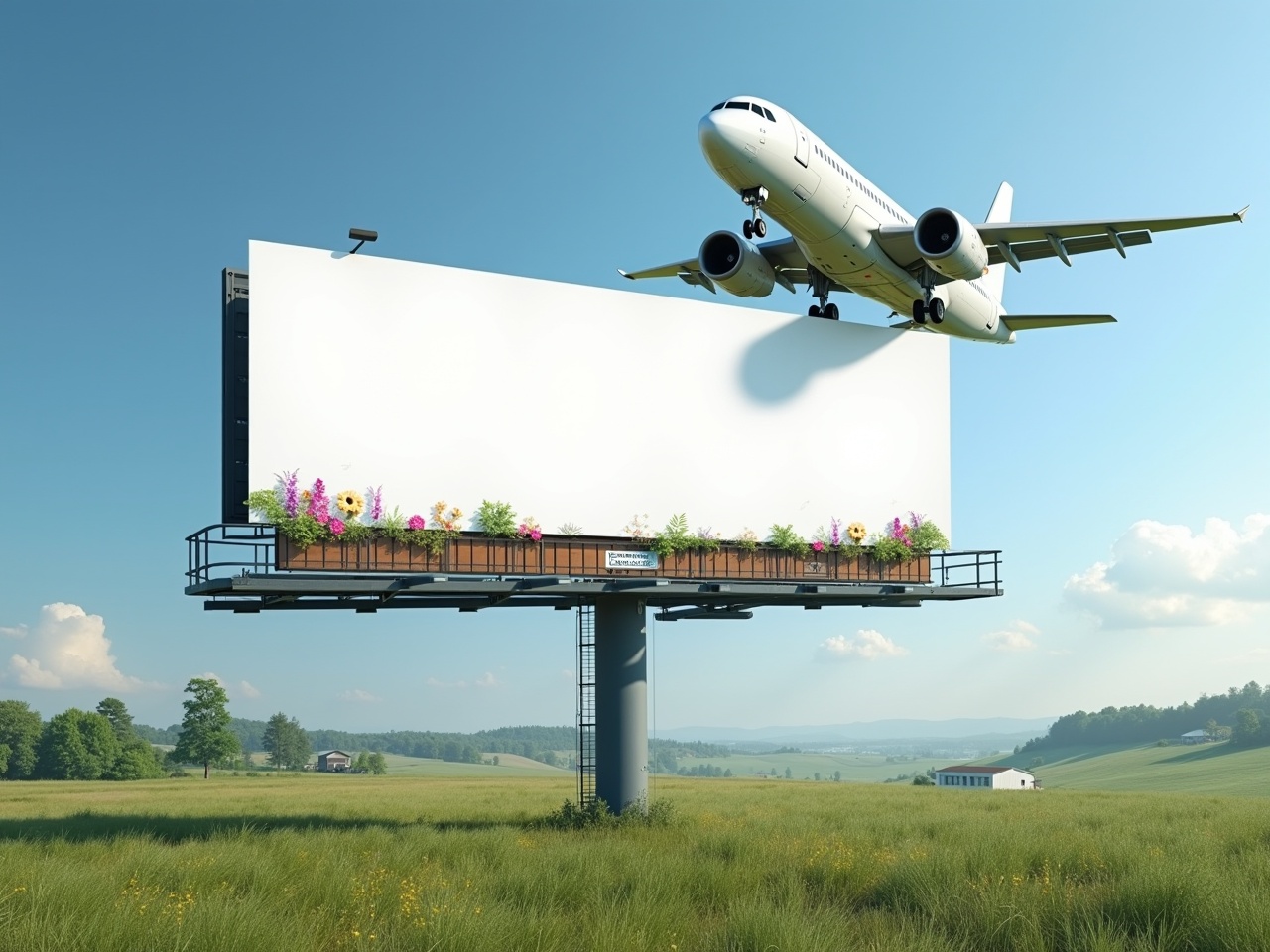 This image features an airplane flying above a large, empty billboard placed in a picturesque landscape. The billboard is adorned with flowers at the base, hinting at a botanical healthcare theme. The airplane is depicted soaring through a clear blue sky, emphasizing the connection between aviation and nature. Lush green fields stretch out beneath the billboard, enhancing the serene environment. This setting suggests a promotional opportunity for eco-friendly or health-related products.