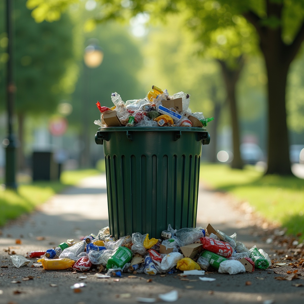 Photorealistic image overflowing trash can filled packaging waste public park trash spills ground plastic wrappers bottles cardboard background blurred green park trees grass walking path natural lighting soft shadows highlights depth shallow depth of field