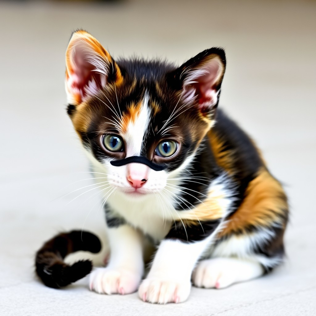 A calico kitten with a playful black marking on its face sits adorably curious.