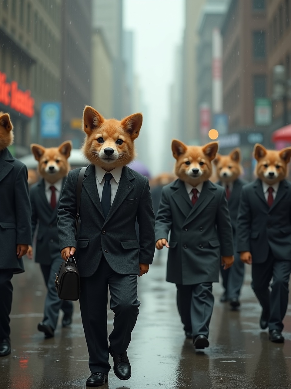 This whimsical image features a group of businesspeople with Shiba Inu dog heads walking down a city street. Each figure is clad in a formal suit and tie, holding a briefcase, creating a surreal, anthropomorphic scene. The cityscape in the background is slightly blurred, emphasizing the focus on the central figures.