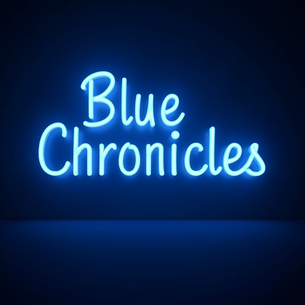 The image features the text 'Blue Chronicles' in a vibrant neon blue color. The background is a darker shade of blue, enhancing the neon aesthetic. The letters are styled with a flowing cursive font, adding a contemporary feel. The glow effect around the text creates a striking visual contrast. This design is suitable for various digital and print applications related to art or entertainment.