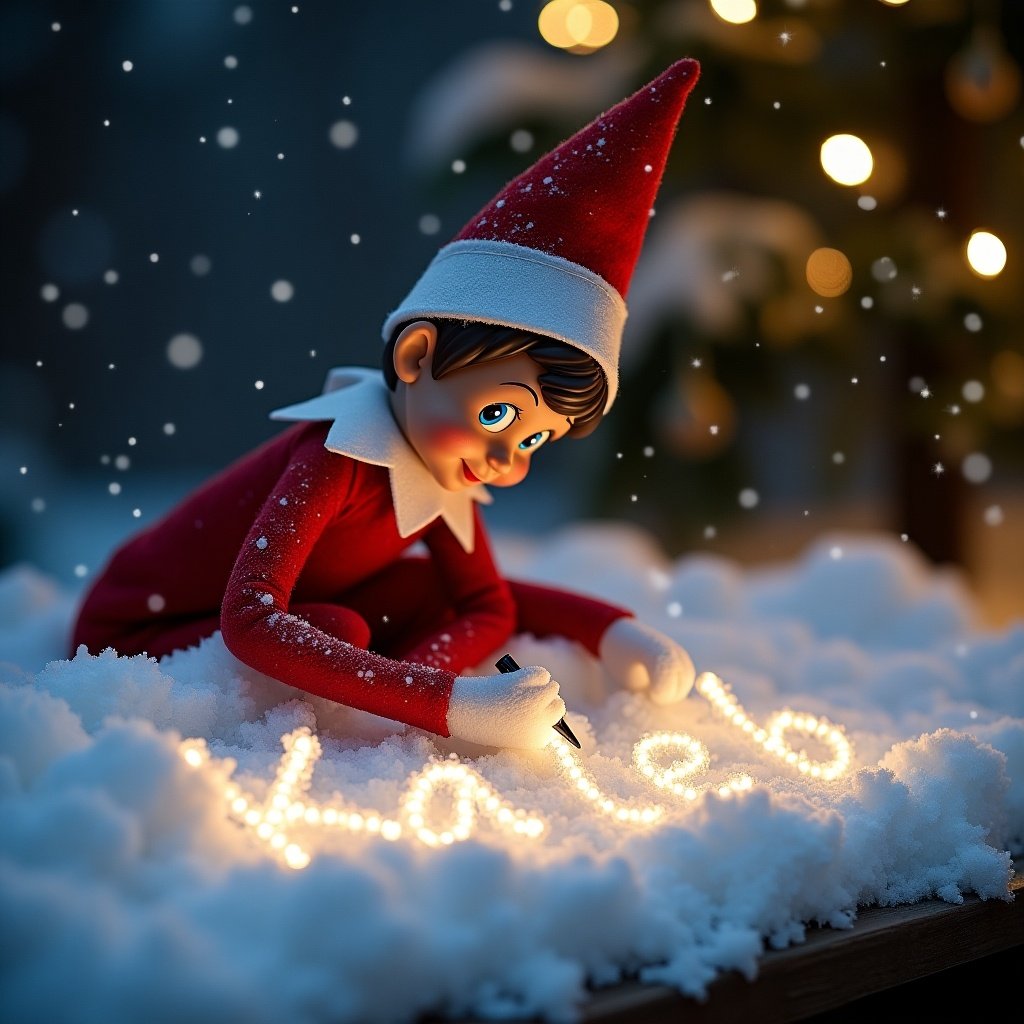 Elf figures writing in snow. The name Kaleb is written in cursive with lights. Soft snowfall adds a magical touch. Focus on winter holiday theme.