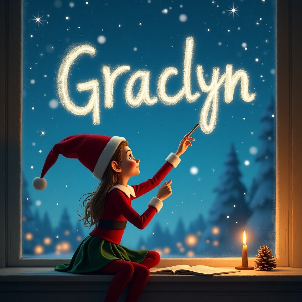 An elf on the shelf is writing the name 'Graclyn' in the sky with a wand. The scene is viewed from inside a cozy room. Soft lighting from a candle illuminates the child dressed in festive colors sitting by the window. A snowy outdoor scene is visible with twinkling stars.