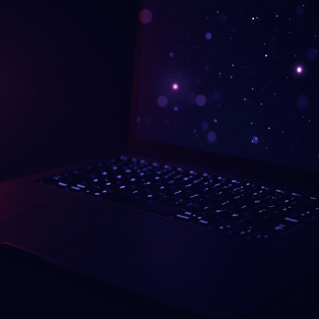 A close-up view of a backlit laptop keyboard in a dark setting with a starry night-themed screen.