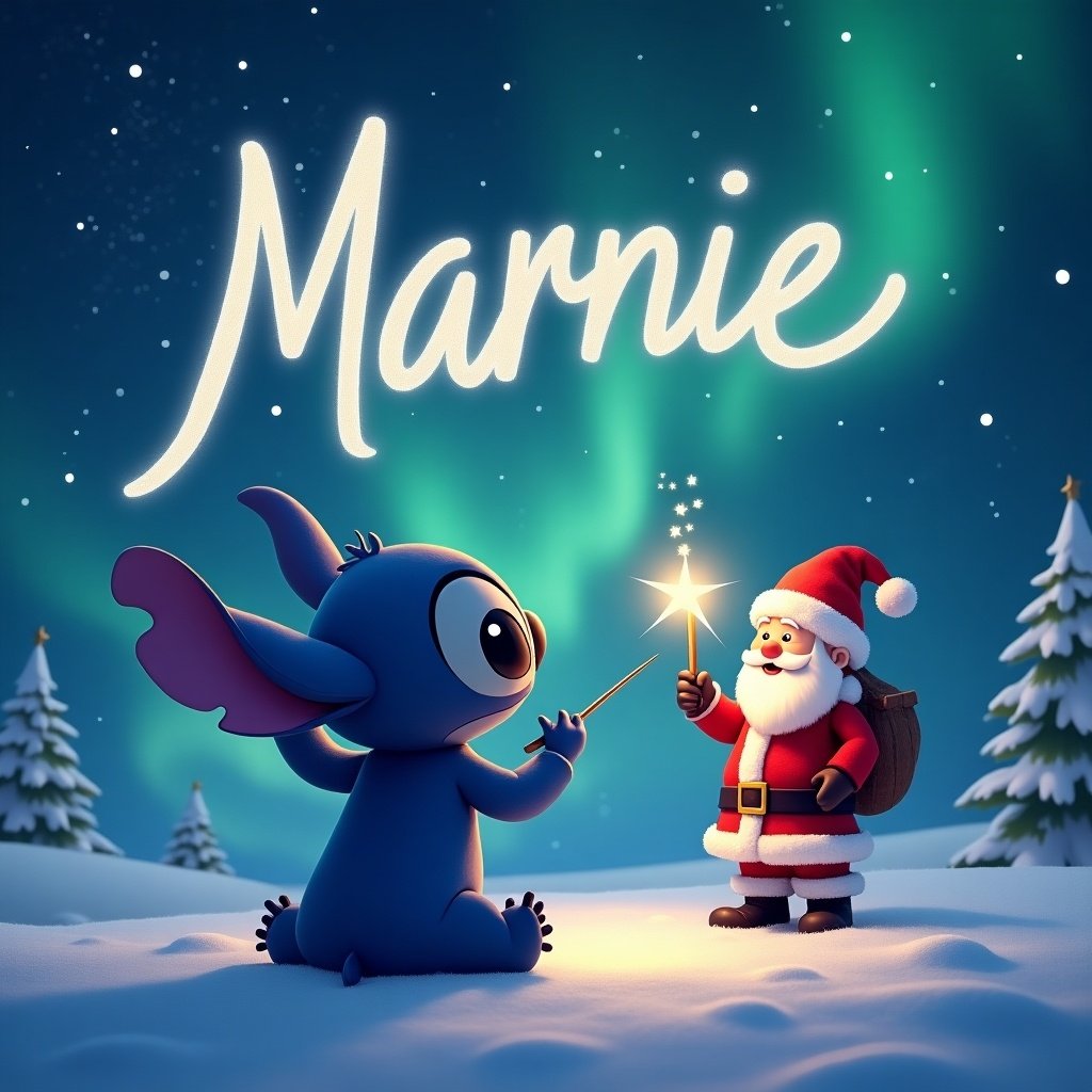 Stitch facing the sky with a wand. Stitch writes Marnie in the sky. Background features a magical Christmas scene. Northern lights illuminate the night sky. Santa holds a magic wand to write Kayleigh in the air.