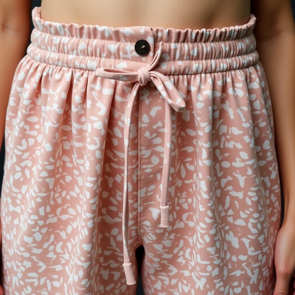 The image features a close-up view of stylish women's pants with a light pink background adorned with a subtle white pattern. The focus is on the elastic waistband, which includes a bow tie and a button detail. The fabric appears soft and comfortable, hinting at a casual, relaxed style. This design is perfect for summer wear, emphasizing comfort without sacrificing style. The lighting accentuates the texture of the shorts, making them visually appealing.