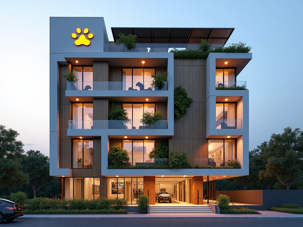 A modern building with geometric design featuring a glowing paw print logo, surrounded by greenery, with warm interior lighting visible through large windows, set against a clear evening sky.