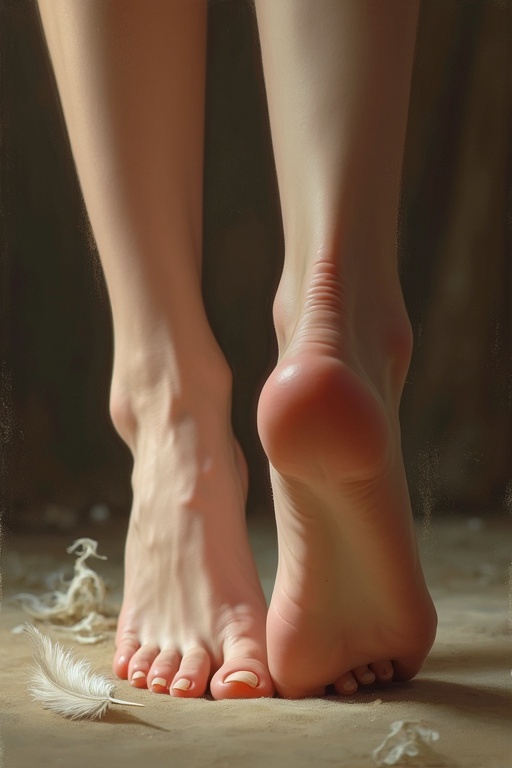 Close-up of female feet standing on soft ground. The soles present intricate details. A feather gently touches one arch creating a delicate interaction.