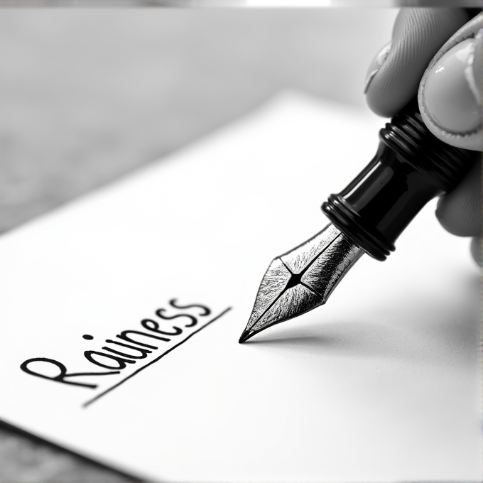 A hand holds a fountain pen writing the word 'Rainess' on white paper.