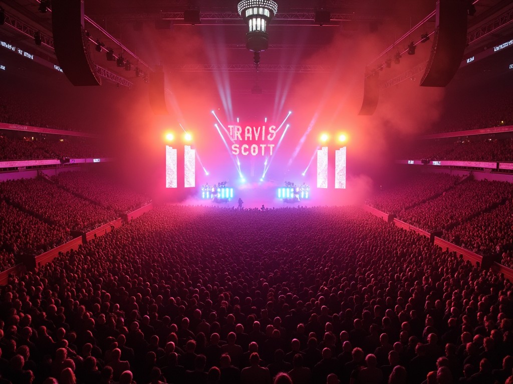 The image captures a vibrant concert scene featuring Travis Scott. The stage is illuminated with bright red and purple lights, creating a dramatic atmosphere. Hundreds of fans are gathered in the venue, all focused on the performance on stage. The large letters spelling 'Travis Scott' dominate the background, emphasizing the artist's presence. This image conveys the excitement and energy of live music performances.