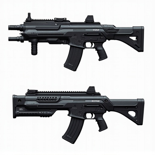 Features a futuristic weapon design in a bullpup layout. Merges elements from different firearms, showcasing sharp edges and tactical applications. The sleek black and gray color scheme highlights its modern appearance. A two-dimensional view emphasizes ergonomic design and military-grade quality.