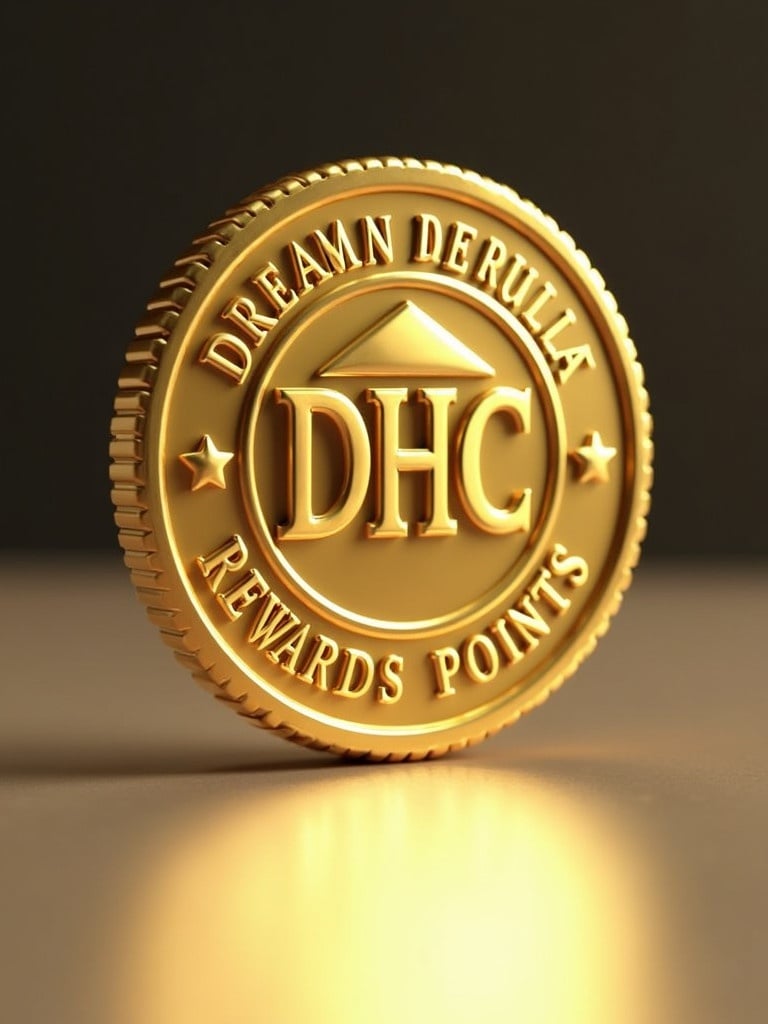 A gold-colored coin stands upright on a smooth surface. The coin features a large 'DHC' symbol. The inscription reads 'Dream Home Coin' - Rewards Points. The coin reflects soft light.